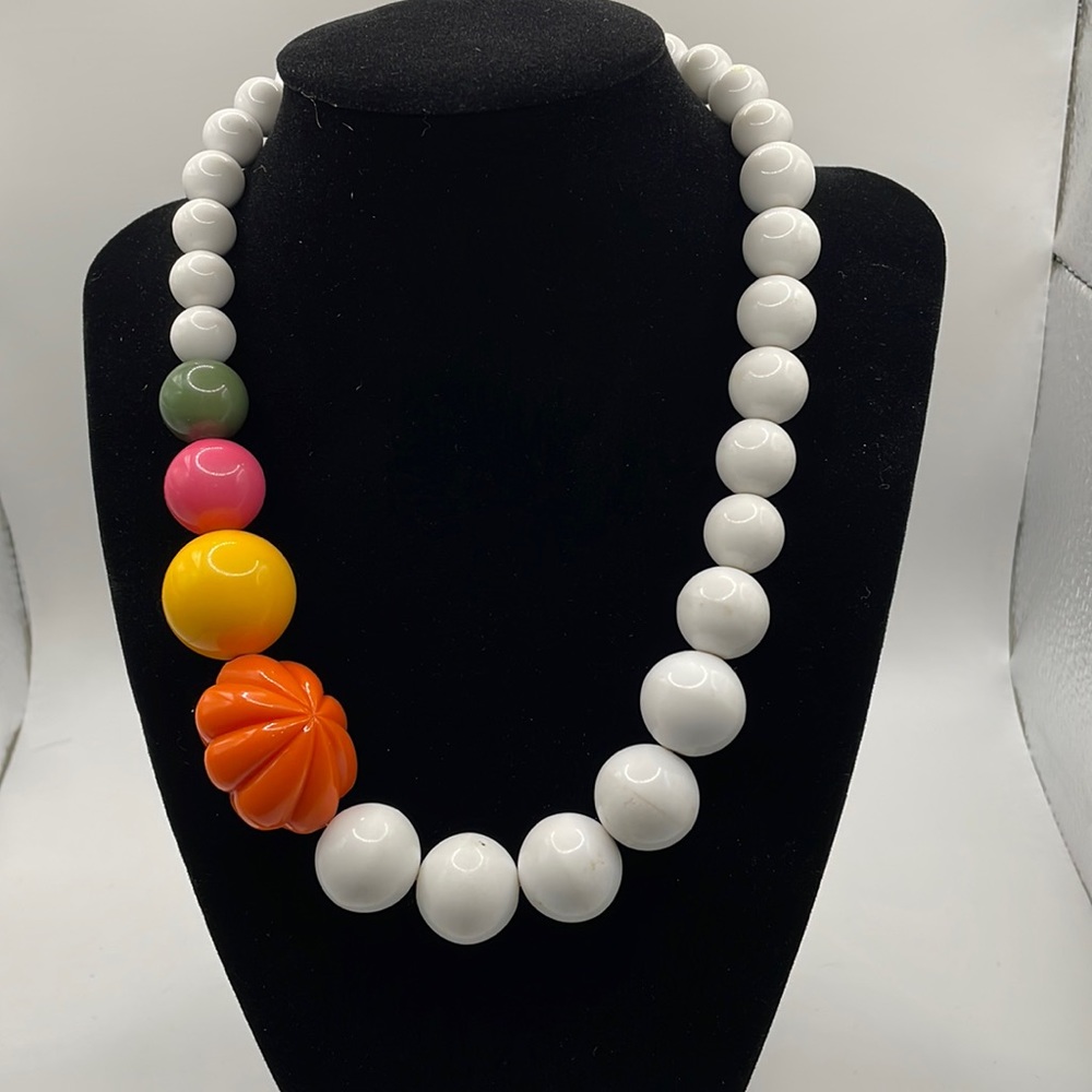Vintage Acrylic Offset White and multicolored Bead Necklace